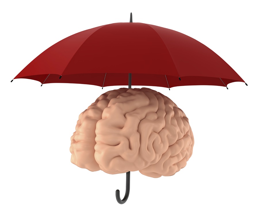 Bright red umbrella protecting a brain